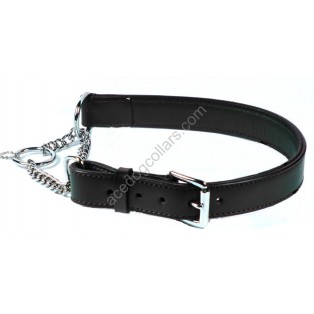 Adjustable PADDED Half check Leather Dog Collar small width 1"(2.5cm)  BLACK 