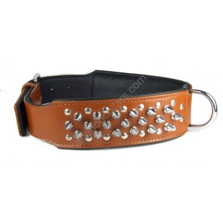 28" Tan PADDED Leather Dog Collar with solid chrome SPIKES (Width 2")   Will Fit 22" TO 26"